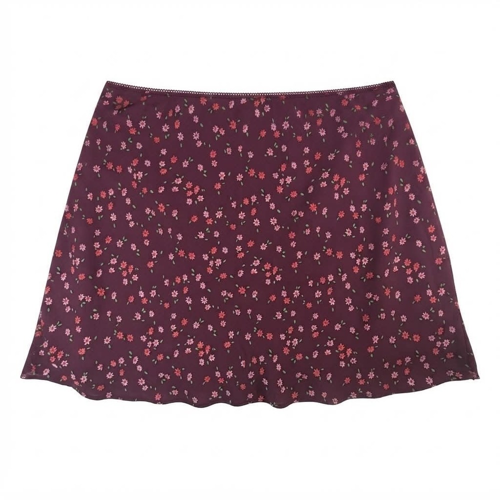 Wild Fable Womens Large Burgundy Floral Mini Skirt Lace Trim Bow Detail Y2K L